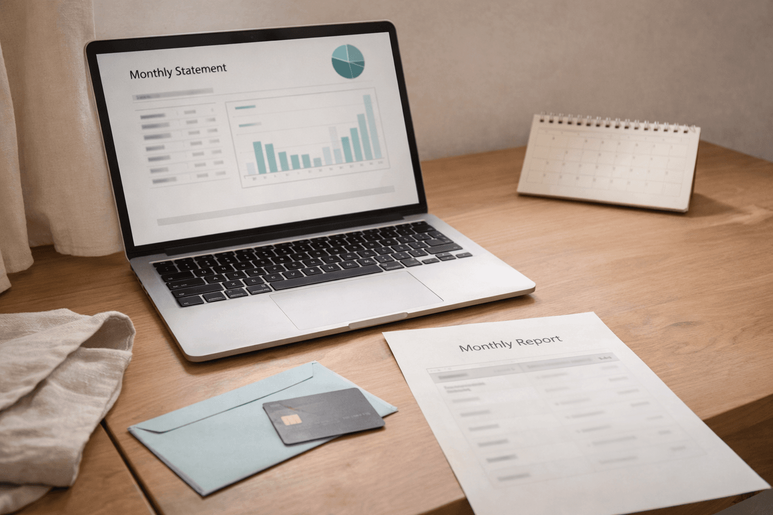 Monthly payout reporting scene, no readable text.